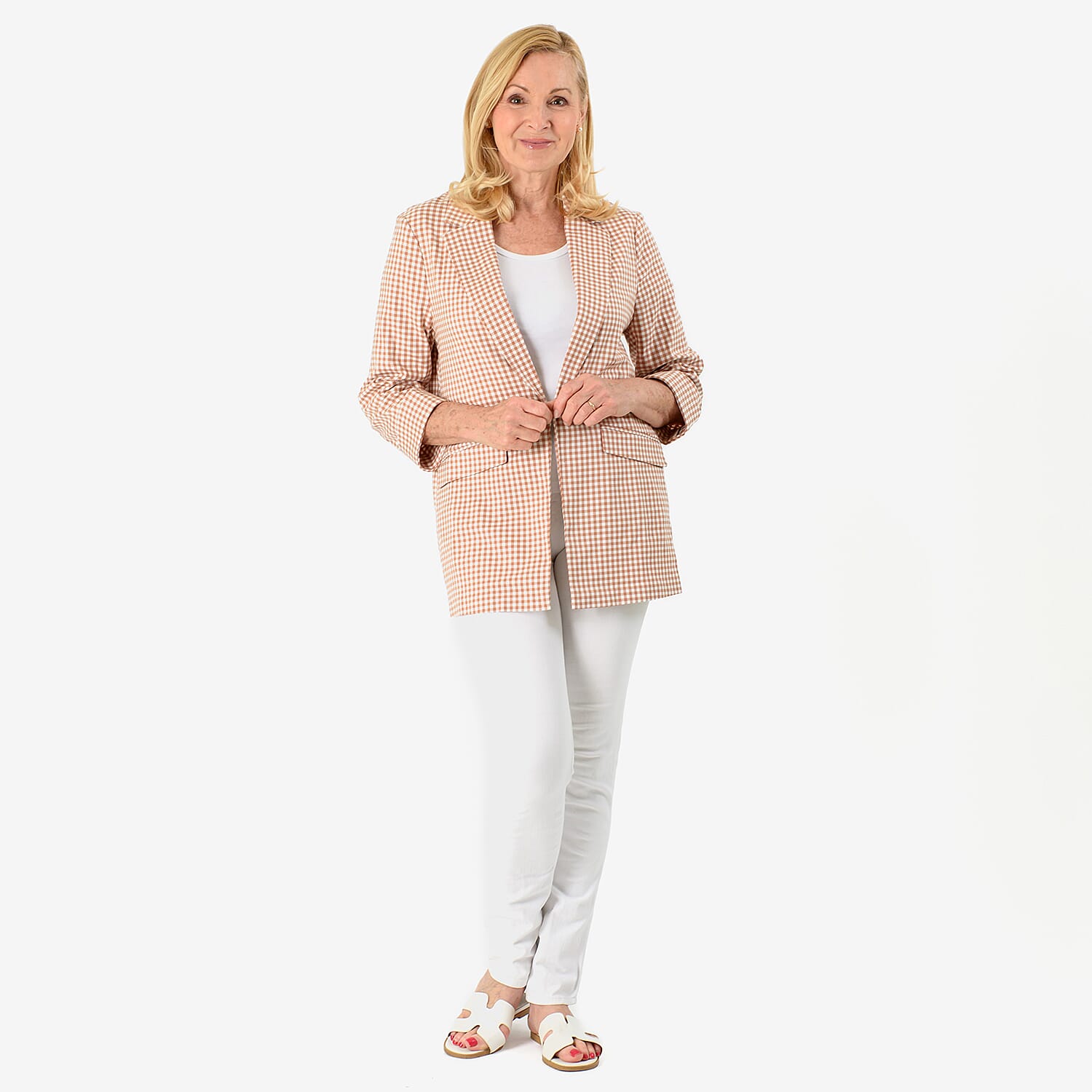 Brand New - Women Front-Open 3-4 Sleeve Checkered Blazer (Size - 8) - Orange-Brown