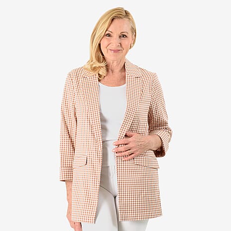 Brand New - Women Front-Open 3-4 Sleeve Checkered Blazer (Size 18) - Brown Orange