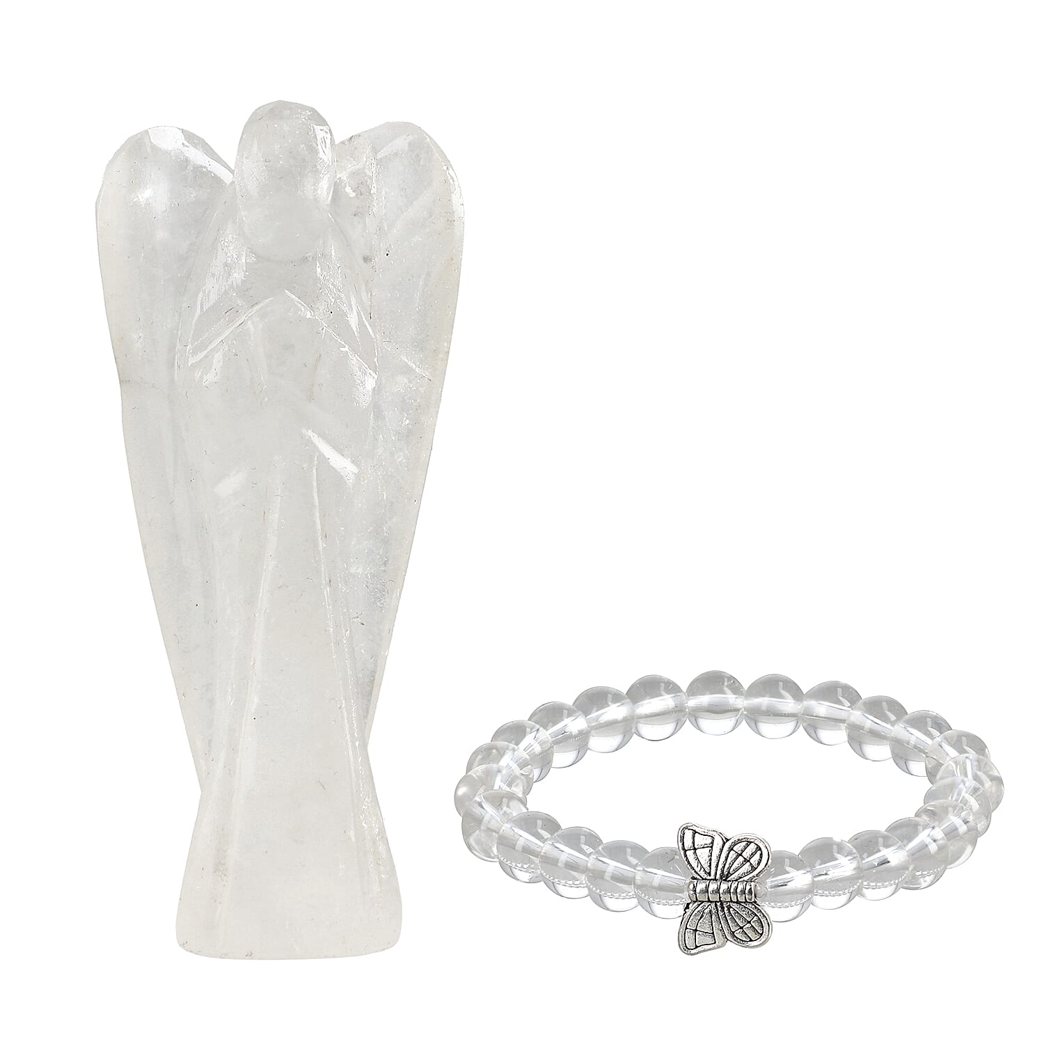 Handcarved White Quartz Guardian Angel Figurine Sculpture (Size 8 Cm) & Butterfly Stretchable Bracelet Presented in Velvet Pouch With Gift Card Handcarved White Quartz Guardian Angel Figurine Sculpture (Size 8 Cm) & Butterfly Stretchable Bracelet Presented in Velvet Pouch With Gift Card