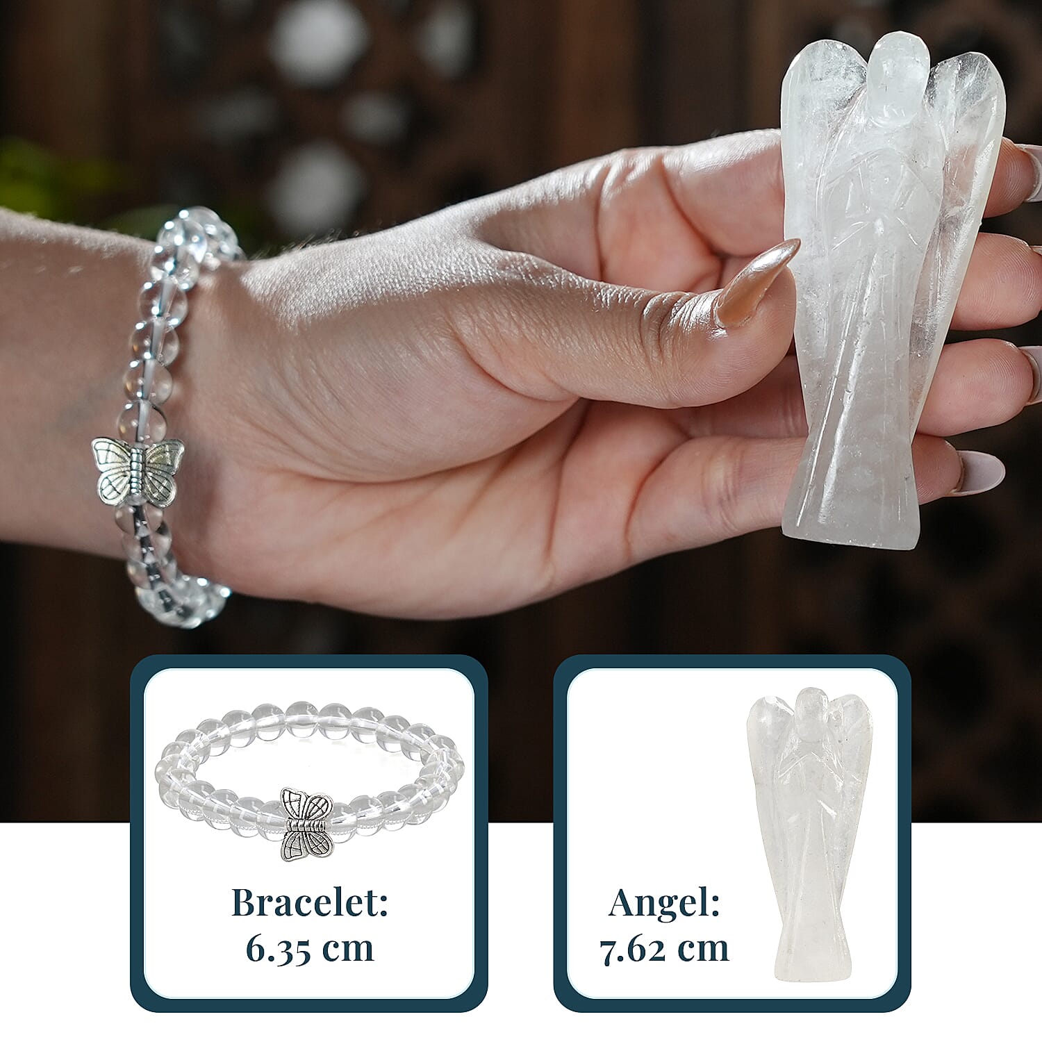 Handcarved Black Obsidian Guardian Angel Figurine Sculpture (Size 8 Cm) & Butterfly Stretchable Bracelet Presented in Velvet Pouch With Gift Card