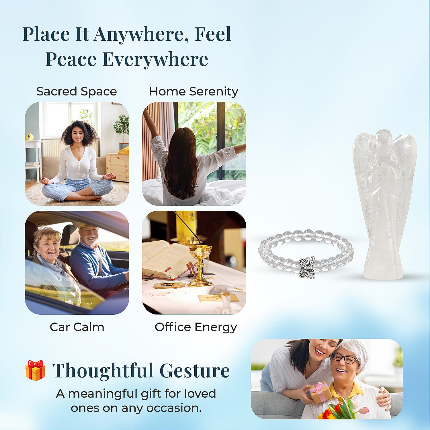 Handcarved Black Obsidian Guardian Angel Figurine Sculpture (Size 8 Cm) & Butterfly Stretchable Bracelet Presented in Velvet Pouch With Gift Card