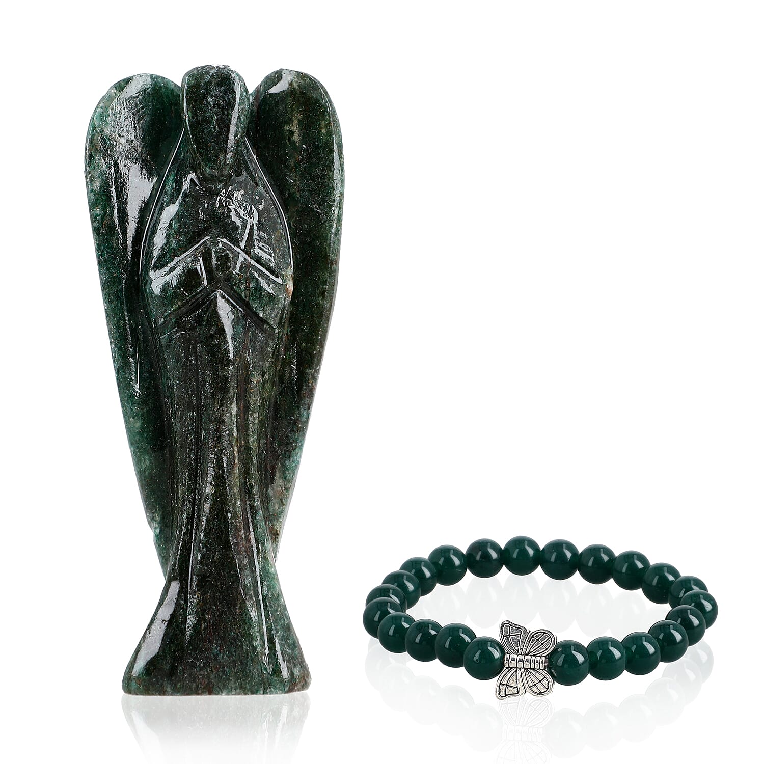 Handcarved Seraphinite Guardian Angel Figurine Sculpture (Size 8 Cm) & Butterfly Stretchable Bracelet Presented in Velvet Pouch With Gift Card