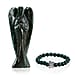 Handcarved Black Obsidian Guardian Angel Figurine Sculpture (Size 8 Cm) & Butterfly Stretchable Bracelet Presented in Velvet Pouch With Gift Card