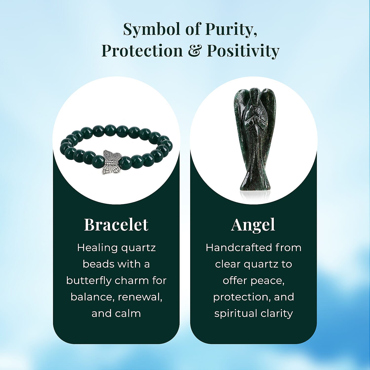 Handcarved Seraphinite Guardian Angel Figurine Sculpture (Size 8 Cm) & Butterfly Stretchable Bracelet Presented in Velvet Pouch With Gift Card