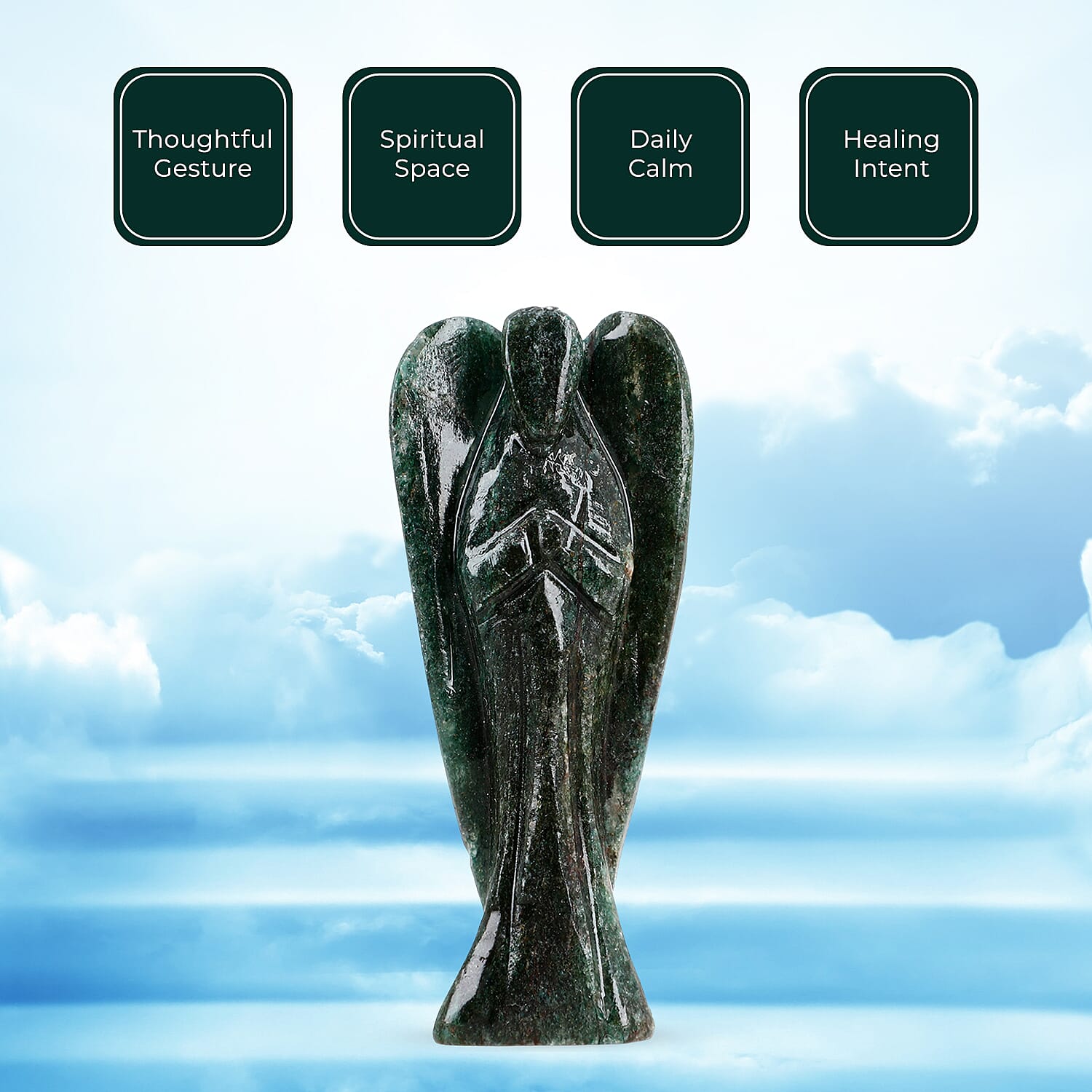 Handcarved Seraphinite Guardian Angel Figurine Sculpture (Size 8 Cm) & Butterfly Stretchable Bracelet Presented in Velvet Pouch With Gift Card