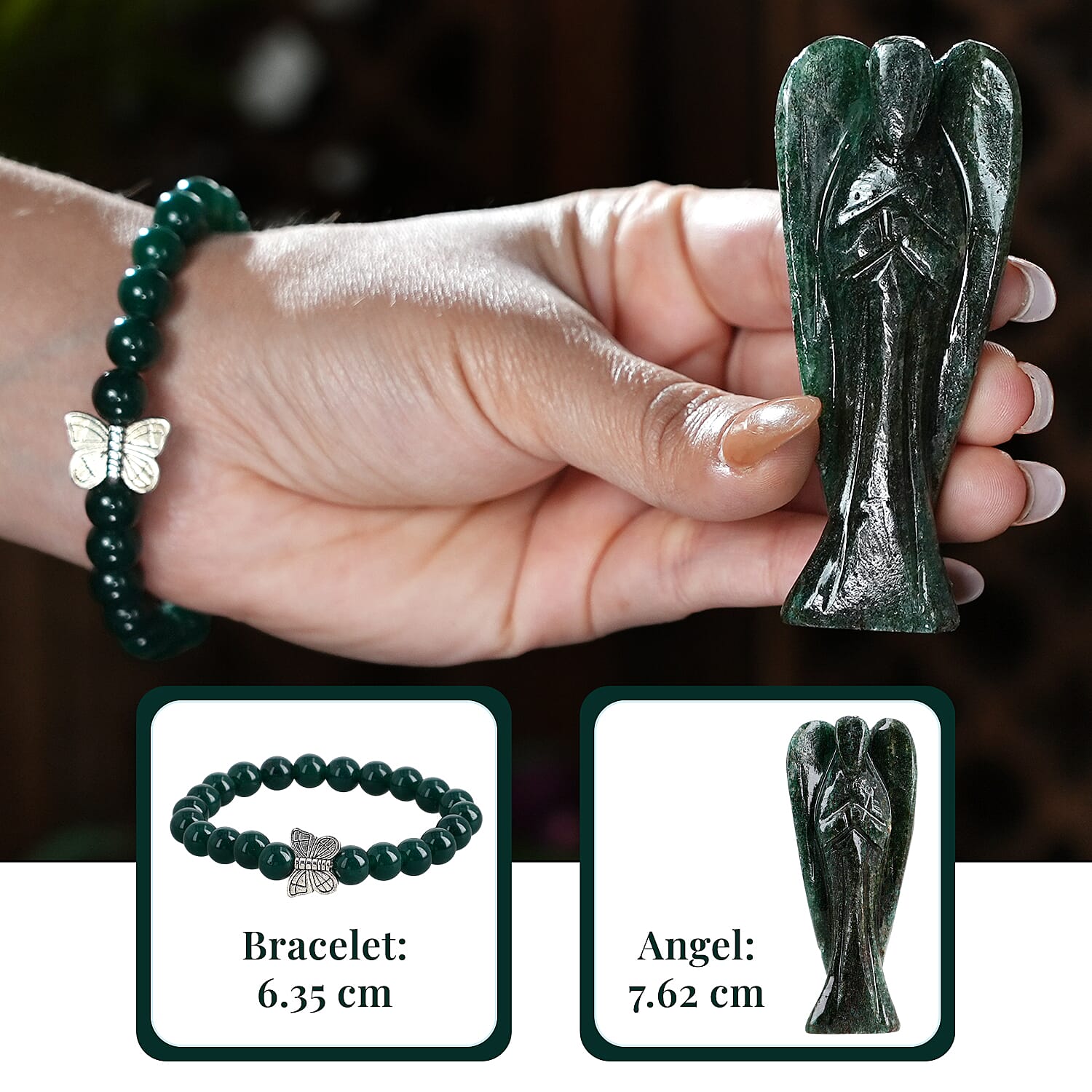 Handcarved Seraphinite Guardian Angel Figurine Sculpture (Size 8 Cm) & Butterfly Stretchable Bracelet Presented in Velvet Pouch With Gift Card