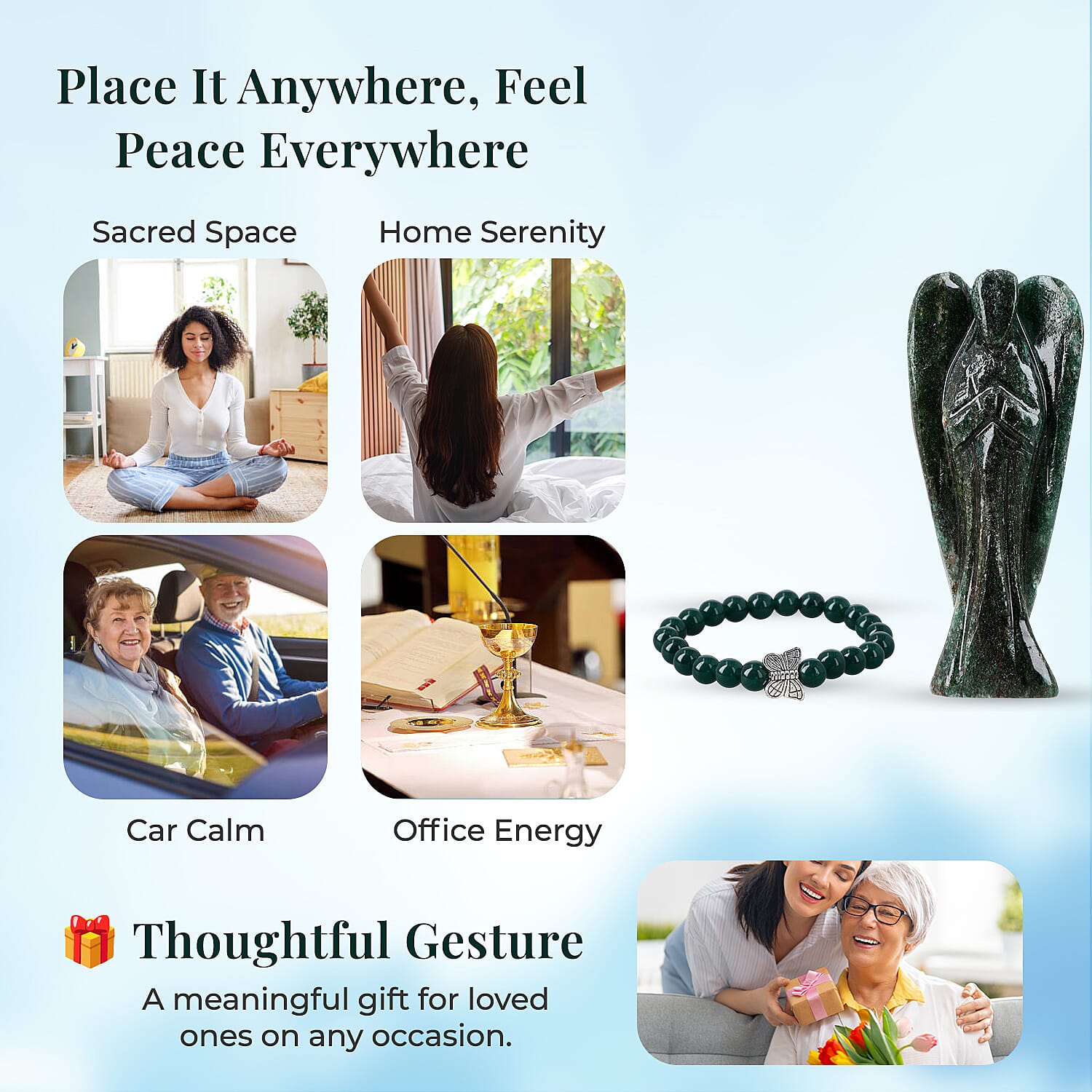 Handcarved Seraphinite Guardian Angel Figurine Sculpture (Size 8 Cm) & Butterfly Stretchable Bracelet Presented in Velvet Pouch With Gift Card