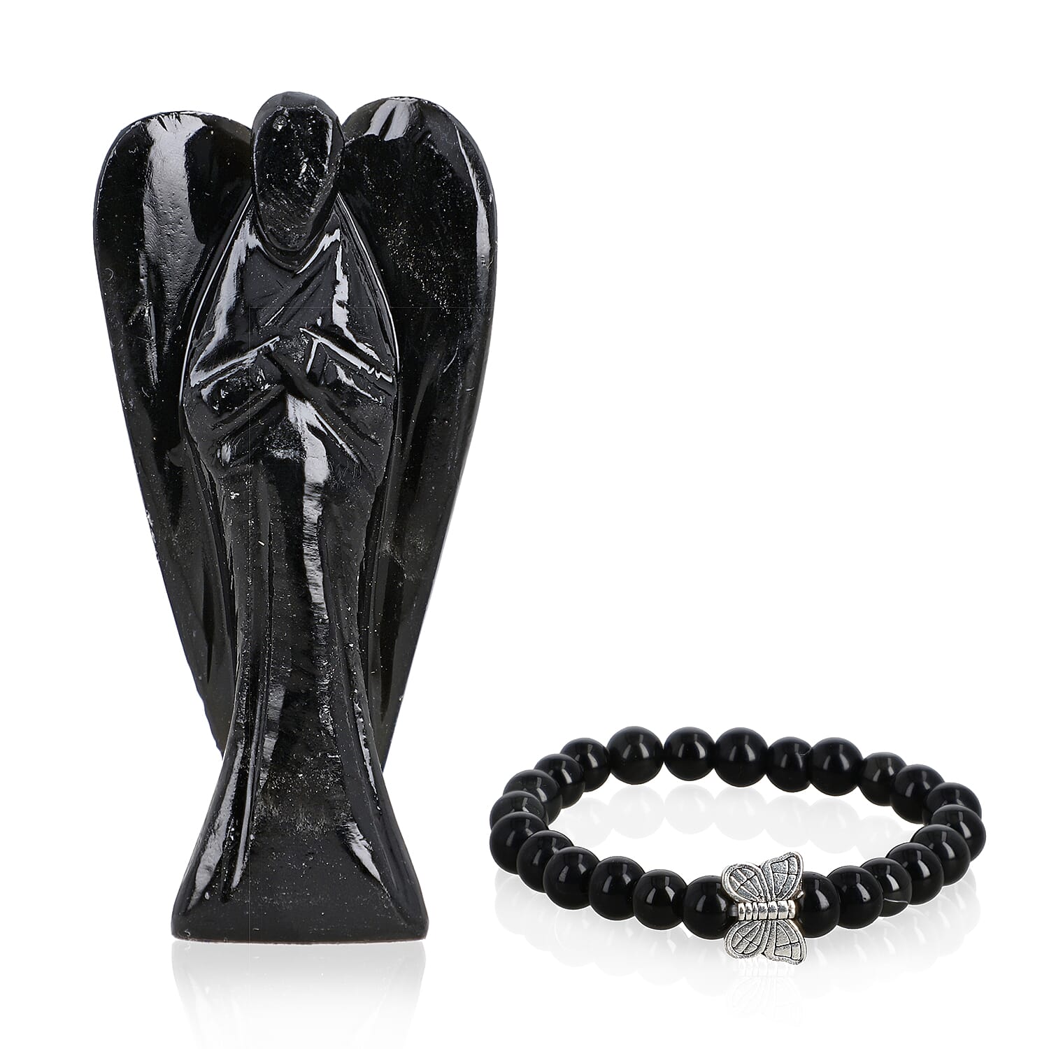 Handcarved Black Obsidian Guardian Angel Figurine Sculpture (Size 8 Cm) & Butterfly Stretchable Bracelet Presented in Velvet Pouch With Gift Card