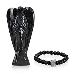 Handcarved Seraphinite Guardian Angel Figurine Sculpture (Size 8 Cm) & Butterfly Stretchable Bracelet Presented in Velvet Pouch With Gift Card
