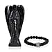 Handcarved Black Obsidian Guardian Angel Figurine Sculpture (Size 8 Cm) & Butterfly Stretchable Bracelet Presented in Velvet Pouch With Gift Card