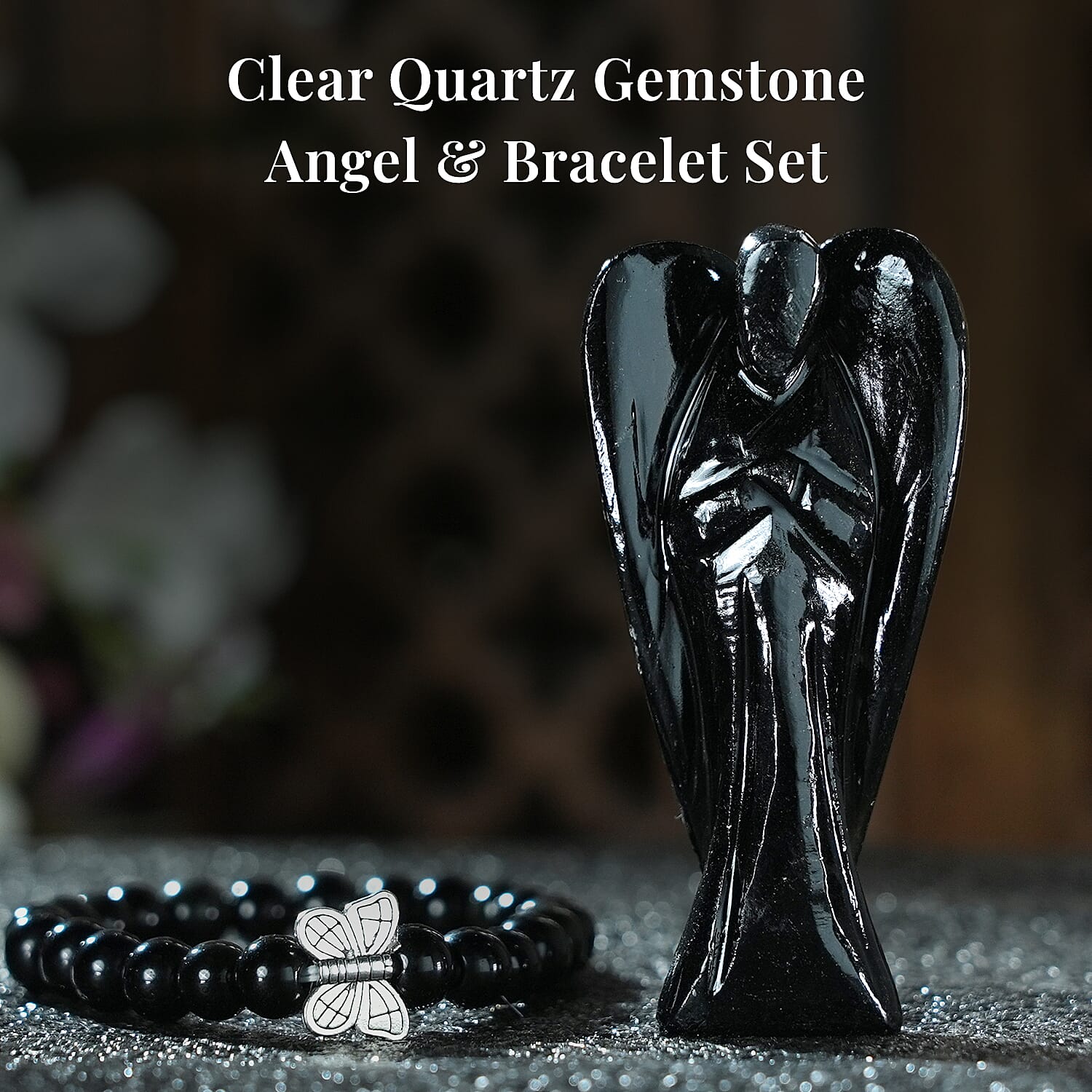 Handcarved Black Obsidian Guardian Angel Figurine Sculpture (Size 8 Cm) & Butterfly Stretchable Bracelet Presented in Velvet Pouch With Gift Card