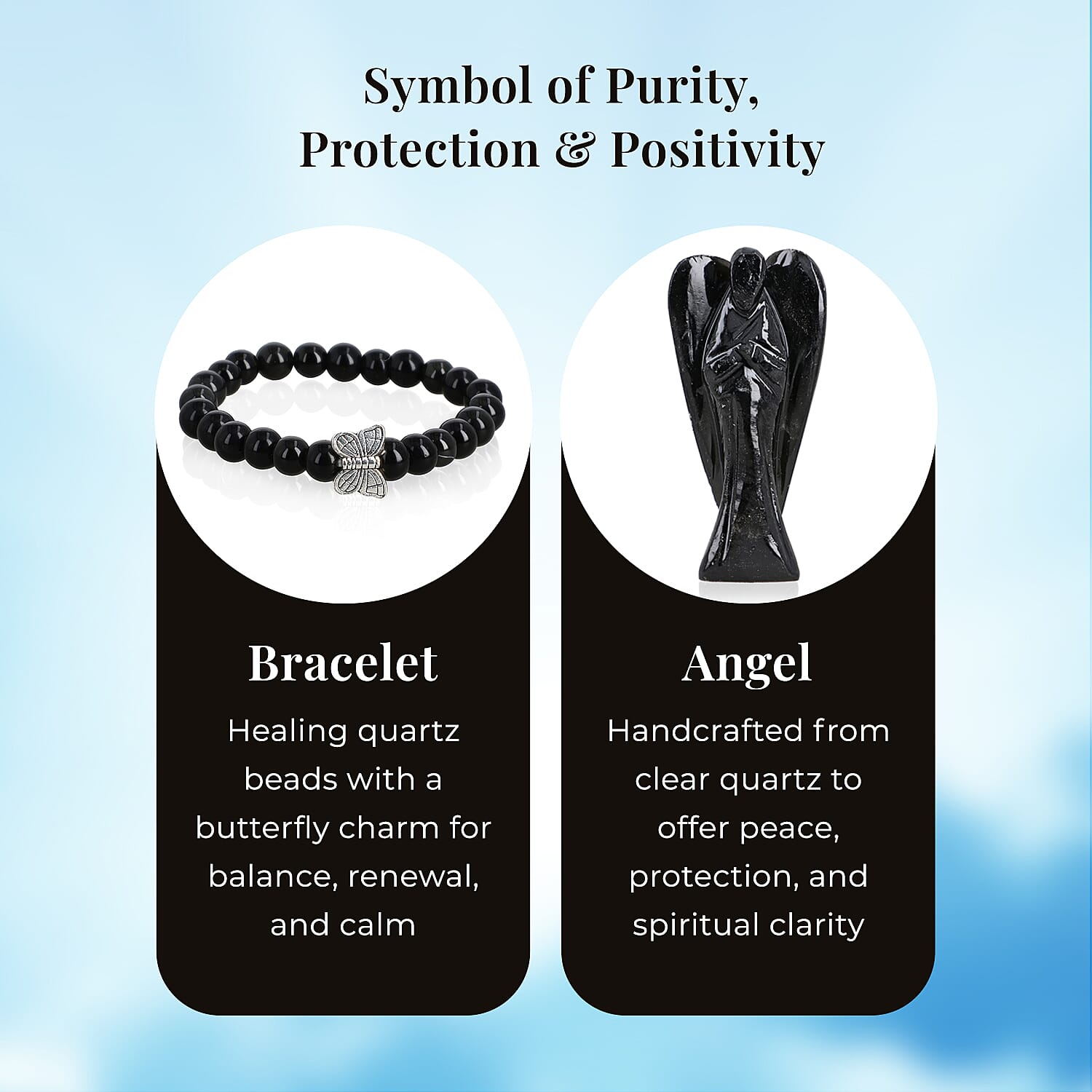 Handcarved Black Obsidian Guardian Angel Figurine Sculpture (Size 8 Cm) & Butterfly Stretchable Bracelet Presented in Velvet Pouch With Gift Card
