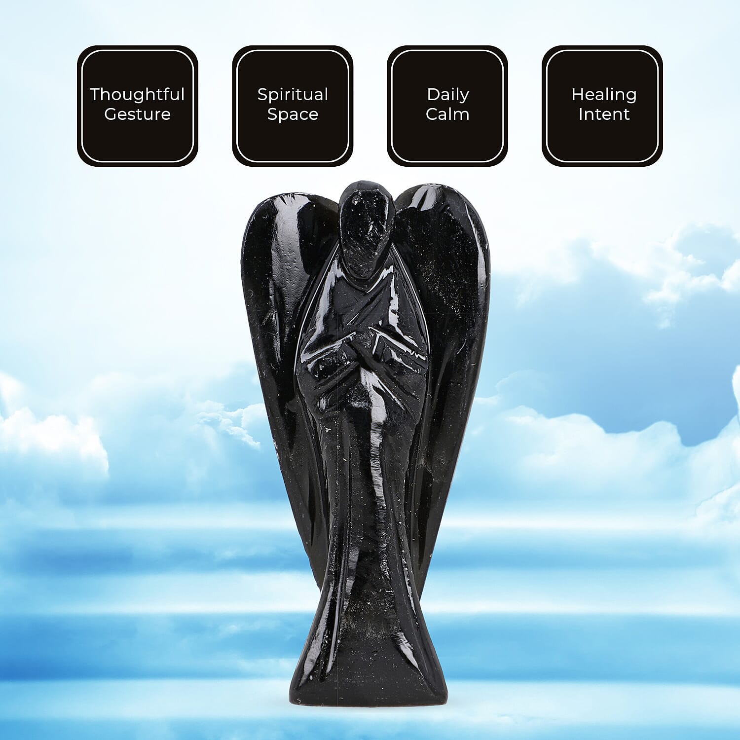 Handcarved Black Obsidian Guardian Angel Figurine Sculpture (Size 8 Cm) & Butterfly Stretchable Bracelet Presented in Velvet Pouch With Gift Card