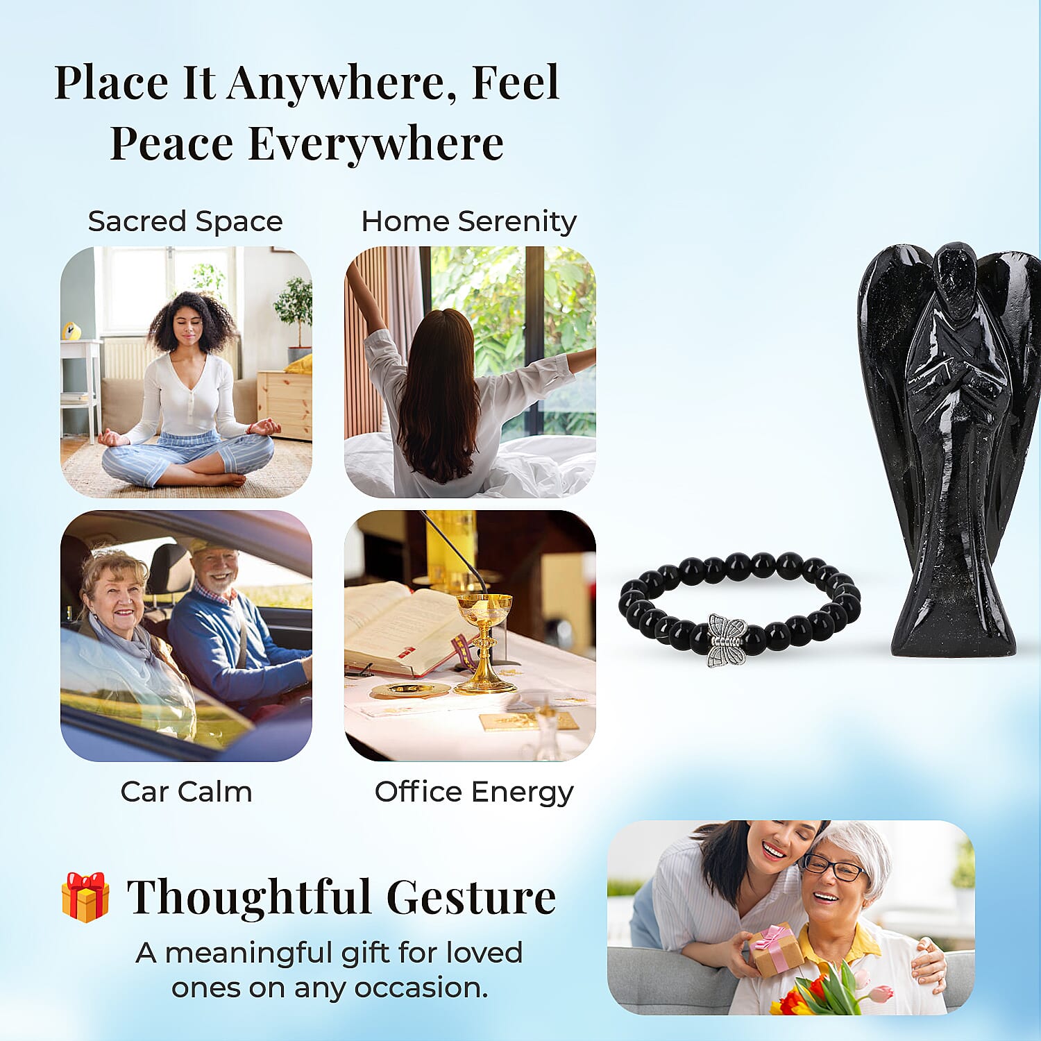 Handcarved Black Obsidian Guardian Angel Figurine Sculpture (Size 8 Cm) & Butterfly Stretchable Bracelet Presented in Velvet Pouch With Gift Card