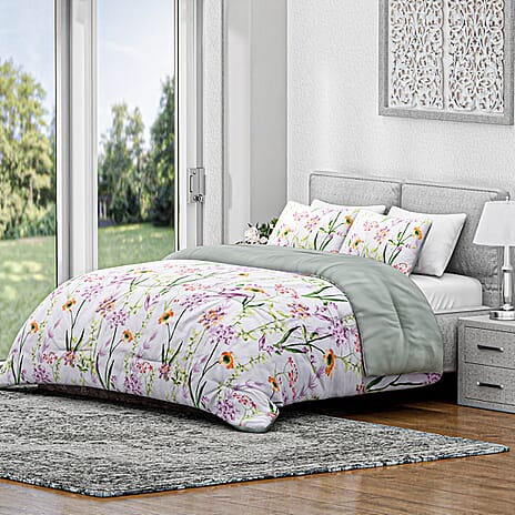 Hush Haven- Set of 3 Flower Printed Comforter Set (Size Double) - Green - Pink