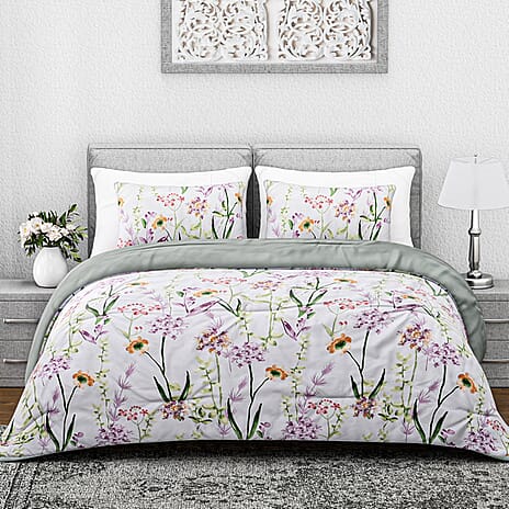Hush Haven- Set of 3 Flower Printed Comforter Set (Size Double) - Green - Pink