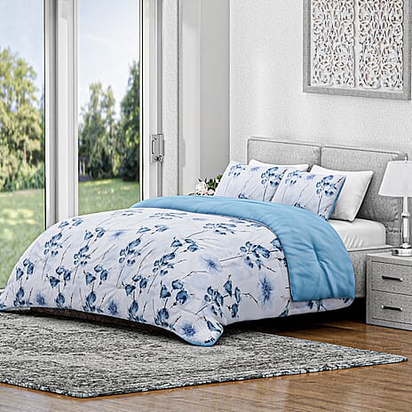 Hush Haven- Set of 3 Flower Printed Comforter Set (Size Double) - Blue