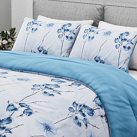 Hush Haven- Set of 3 Flower Printed Comforter Set (Size Double) - Blue