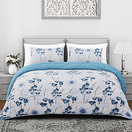 Hush Haven- Set of 3 Flower Printed Comforter Set (Size Double) - Blue