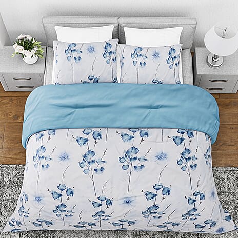 Hush Haven- Set of 3 Flower Printed Comforter Set (Size Double) - Blue