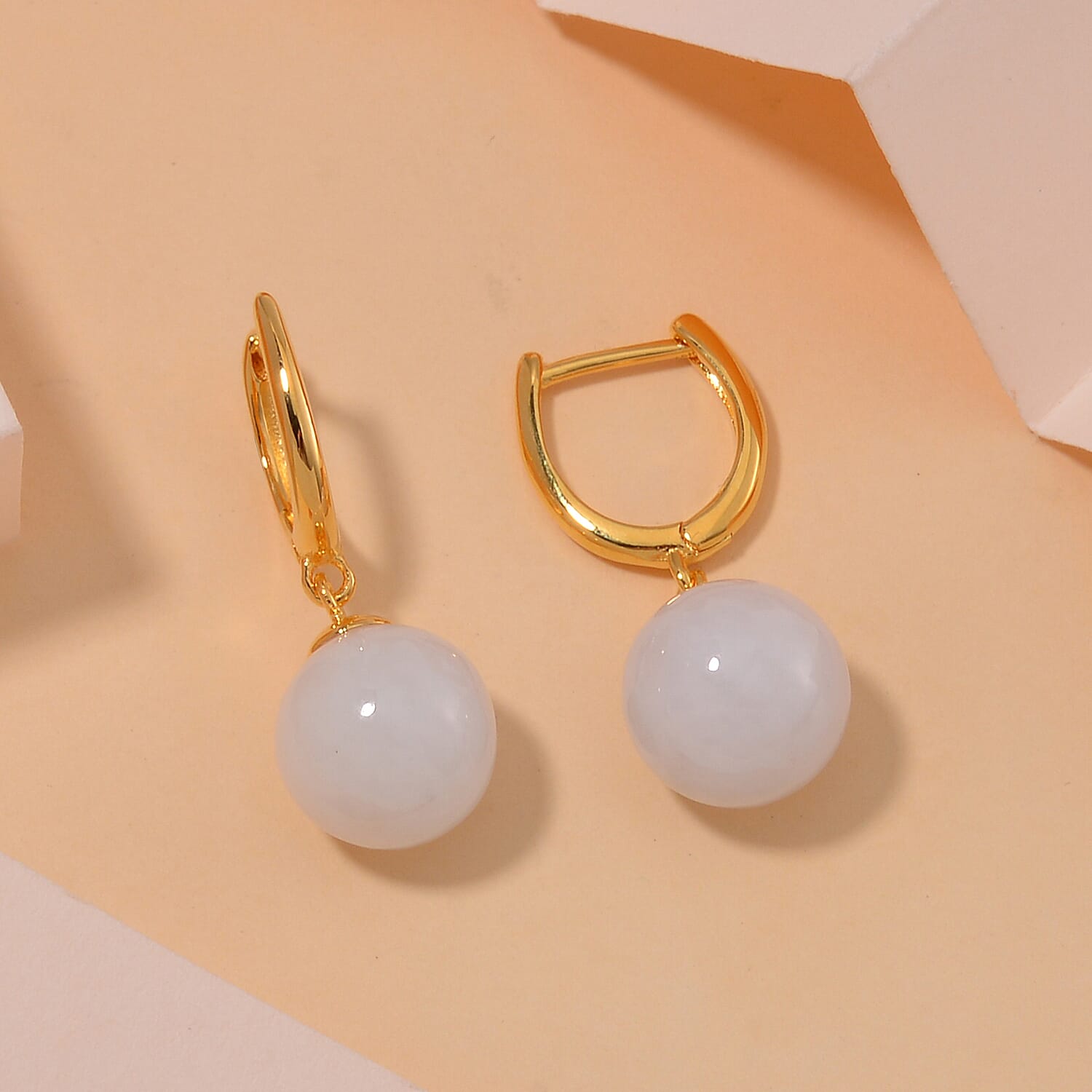 White Jade J Hoop Half Hoop Earring with Clasp in 18K Vermeil Yellow Gold Plated Sterling Silver 21.00 Ct.