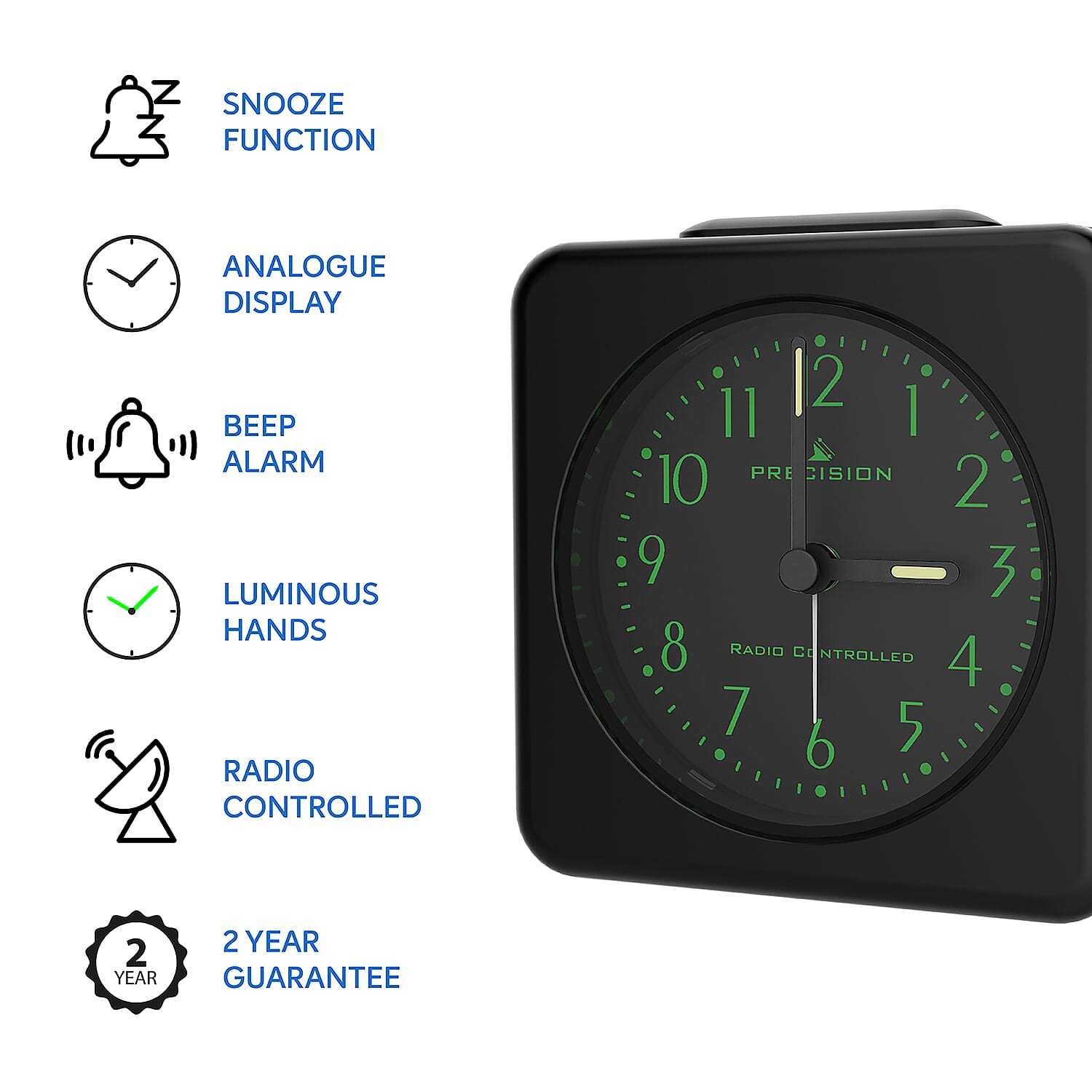 Precision Radio Controlled Alarm Clock - Analog Display with Snooze & Light (AA Battery Not Incl.) - Black