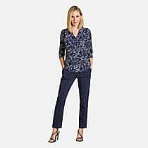 Emreco Mandarin Collar Floral Print Blouse with 3-4 Sleeves (Size 14) - Navy