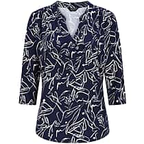 Emreco Mandarin Collar Floral Print Blouse with 3-4 Sleeves (Size 14) - Navy