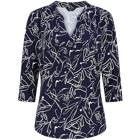 Emreco Mandarin Collar Floral Print Blouse with 3-4 Sleeves (Size 16) - Navy