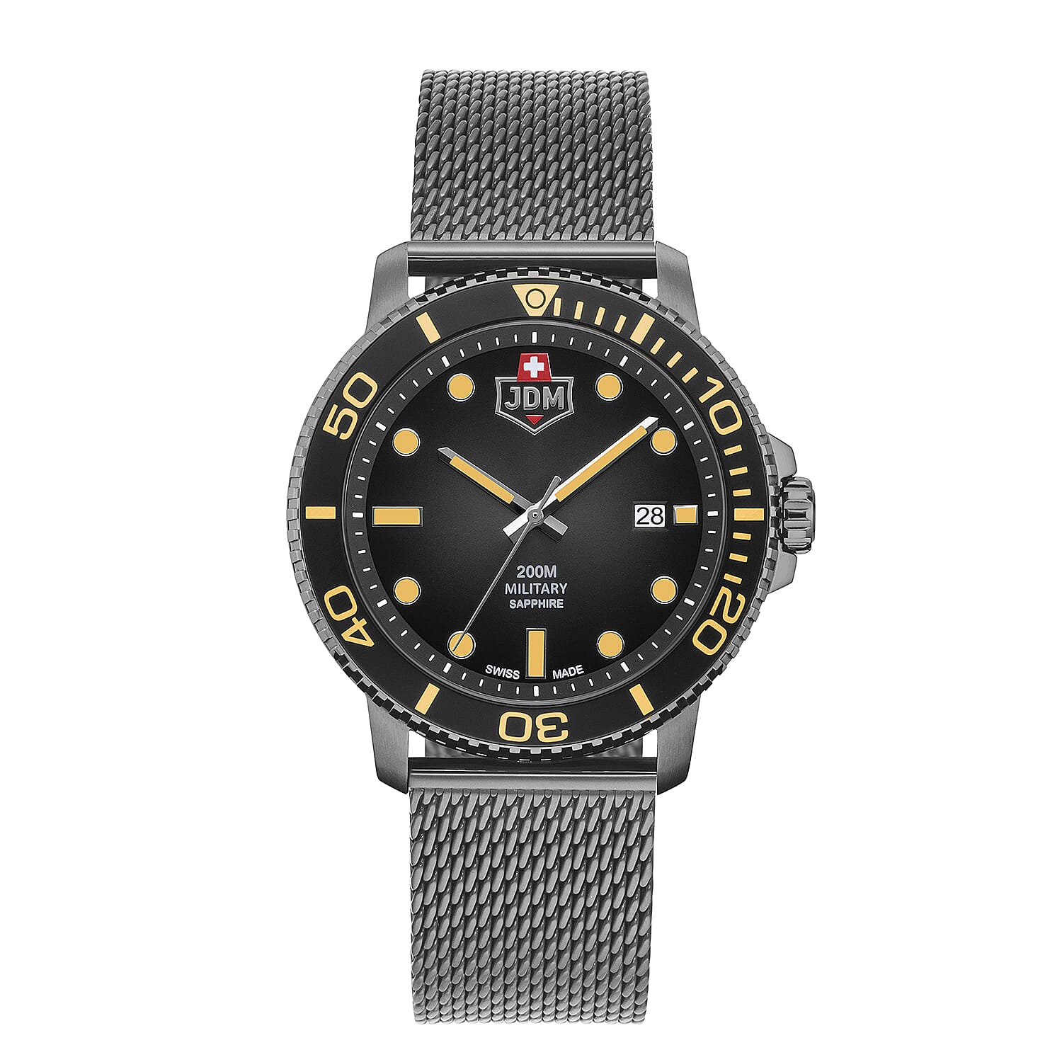 JDM Military Tango Swiss Movt. 20ATM Water Resistance Black Dial Mens Watch with Grey Colour Stainless Steel Strap