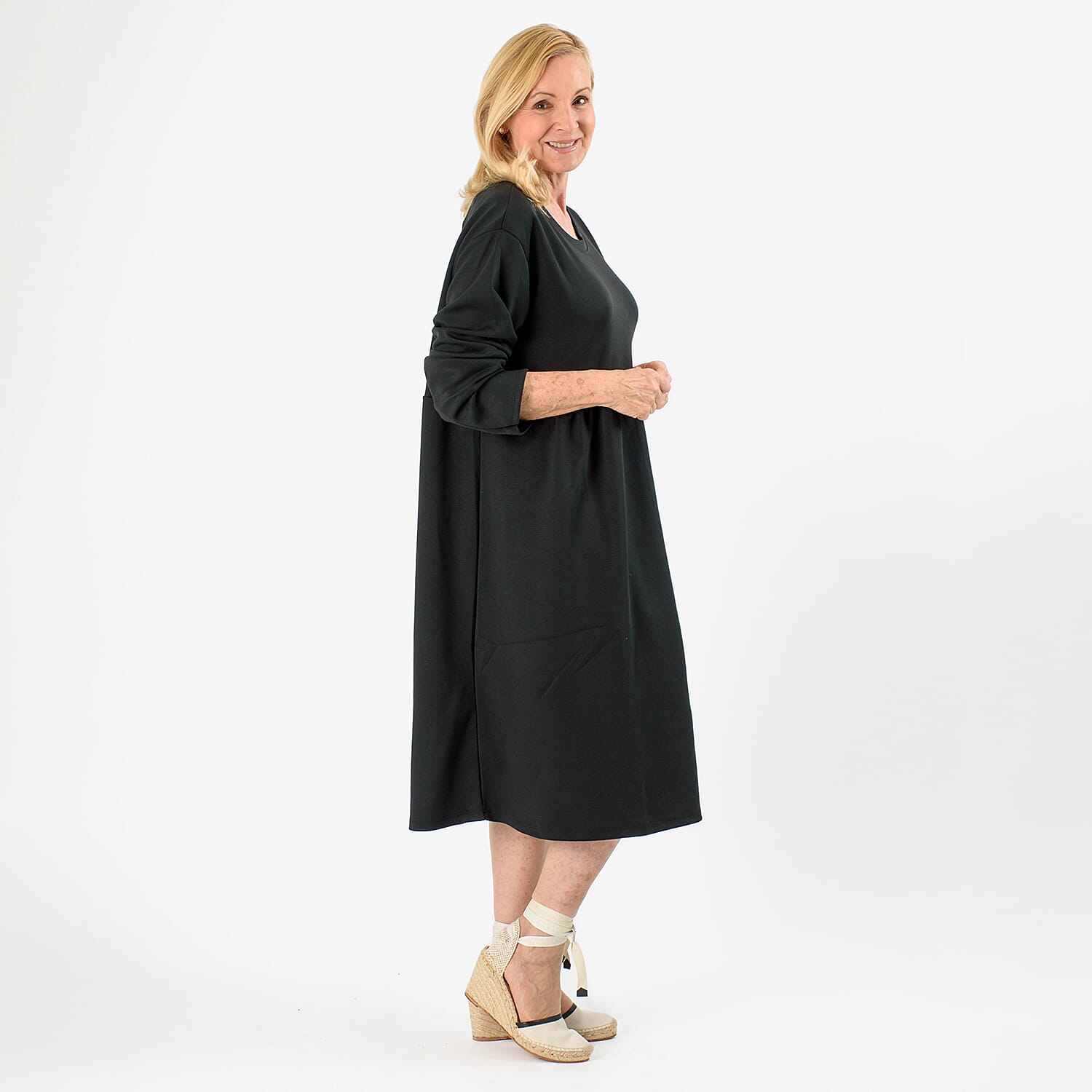 Casual Long Sleeve Smock Dress (Size - One Size 8 -20) - Black