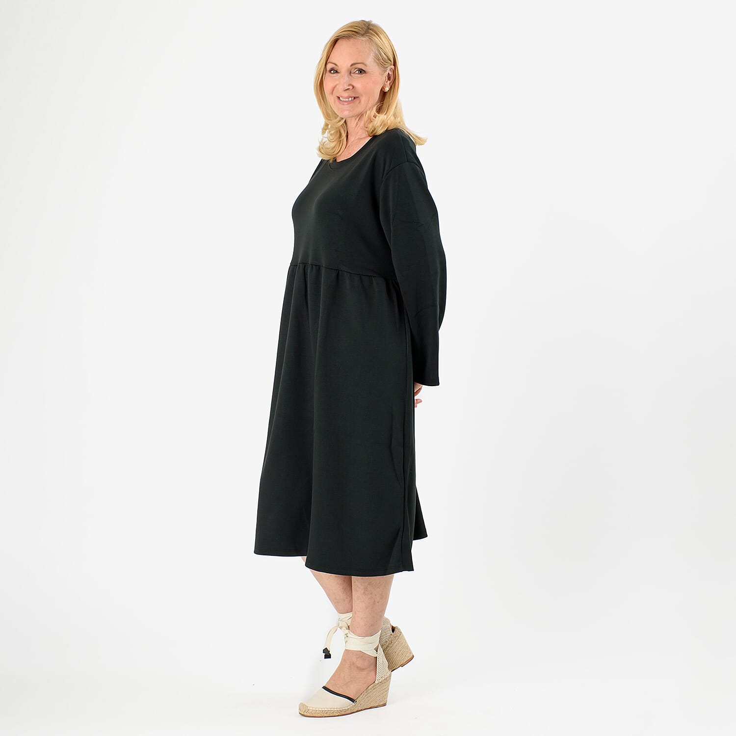 Casual Long Sleeve Smock Dress (Size - One Size 8 -20) - Black