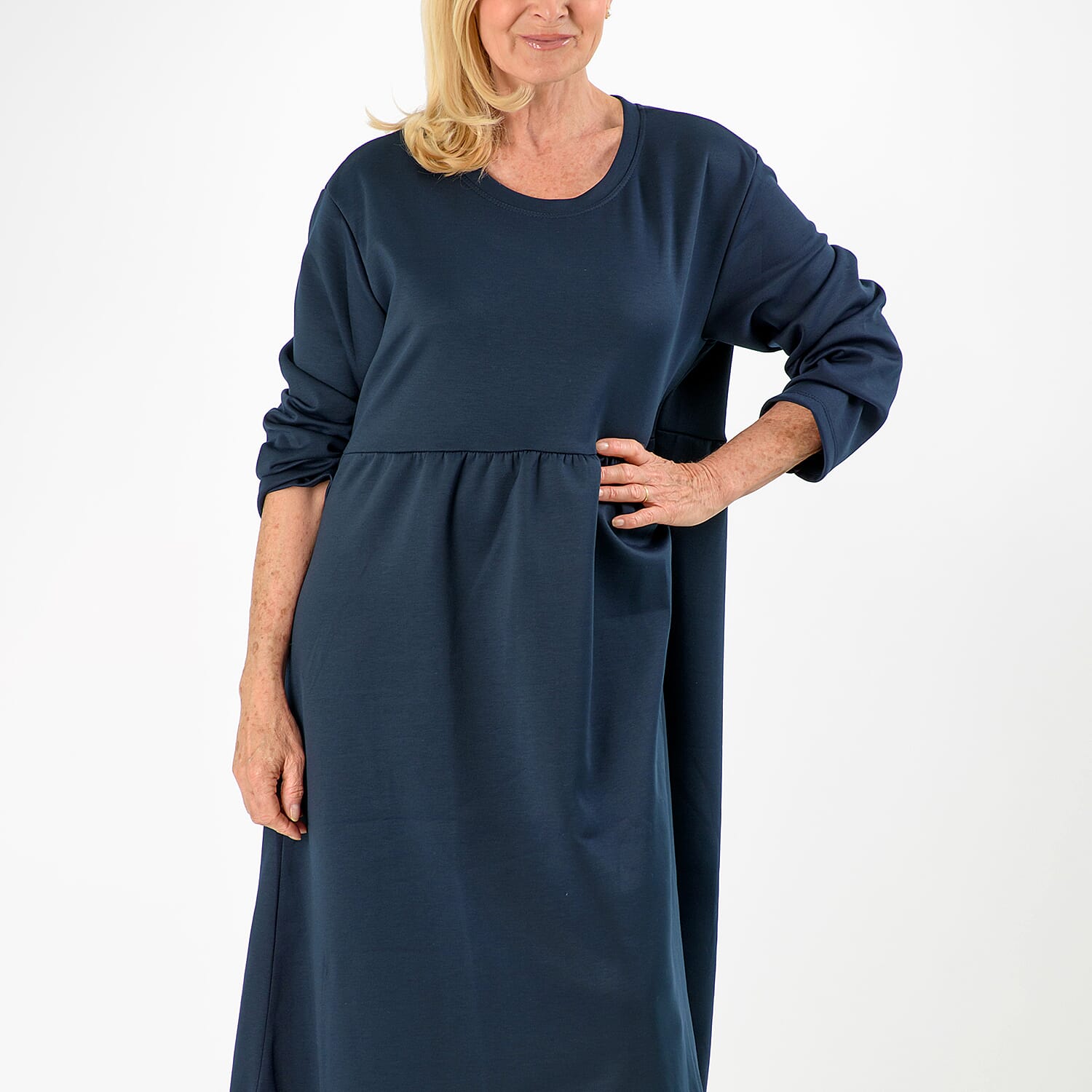 Casual Long Sleeve Sweat Smock Dress (Size - One Size 8-20) - Navy