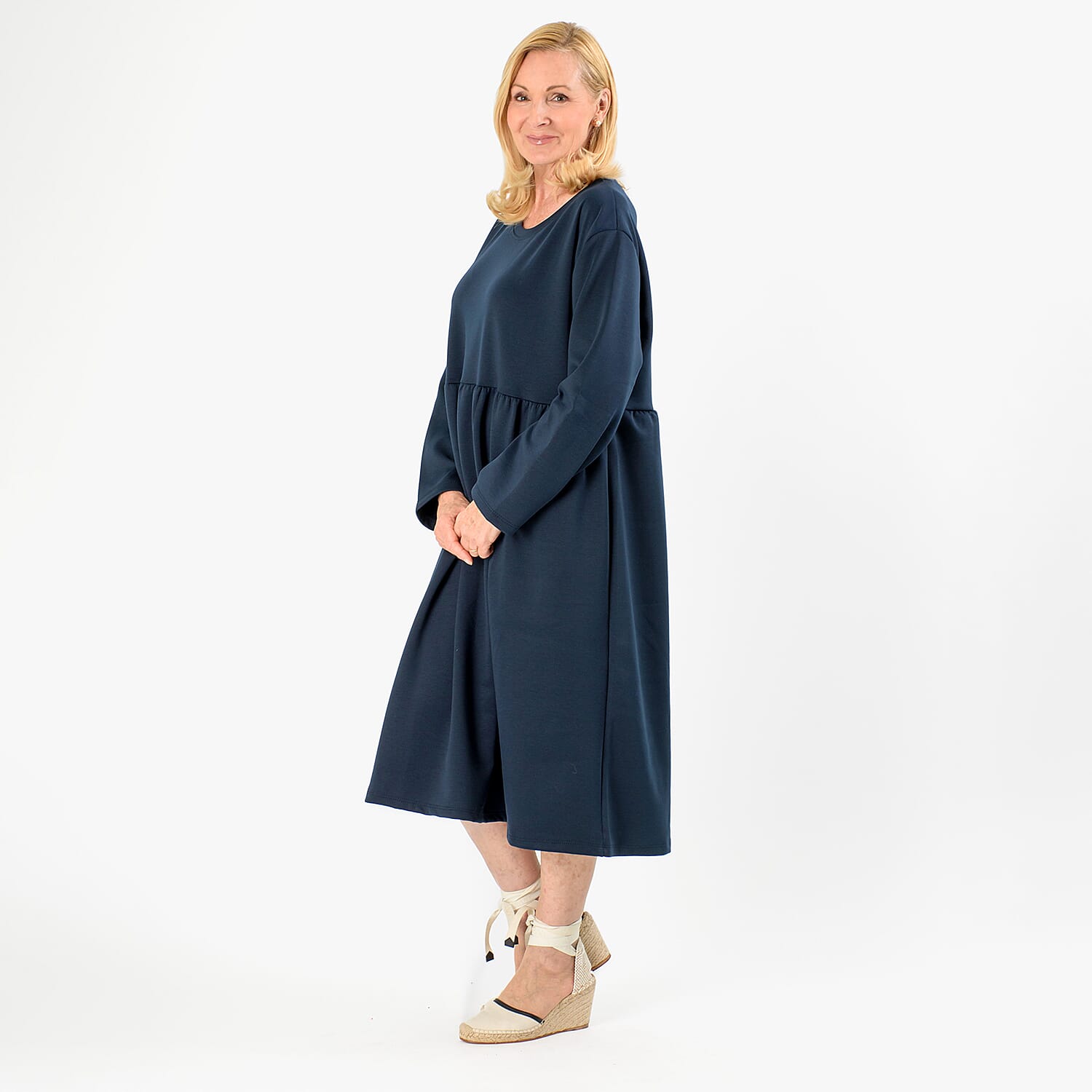 Casual Long Sleeve Sweat Smock Dress (Size - One Size 8-20) - Navy