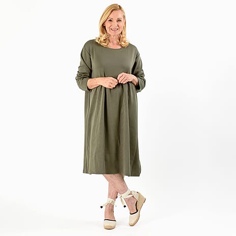 Casual Long Sleeve Sweat Smock Dress (Size 8-20) - Khaki