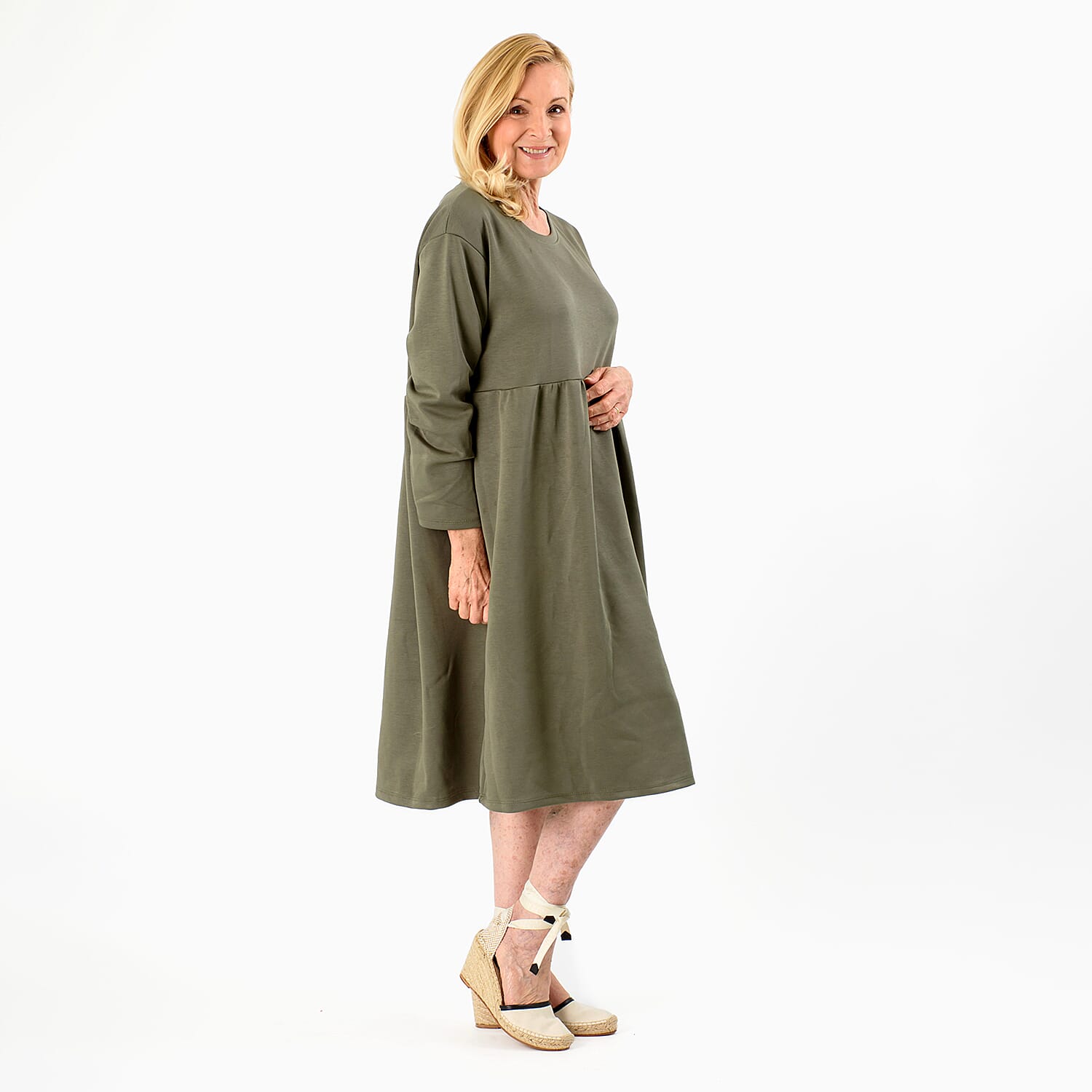 Casual Long Sleeve Sweat Smock Dress (Size 8-20) - Khaki