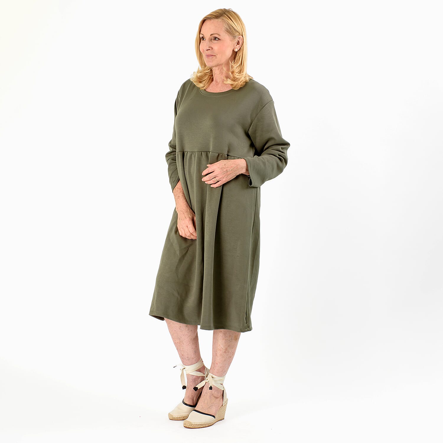 Casual Long Sleeve Sweat Smock Dress (Size 8-20) - Khaki