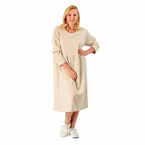 Casual Long Sleeve Sweat Smock Dress (Size - One Size 8-20) - Stone