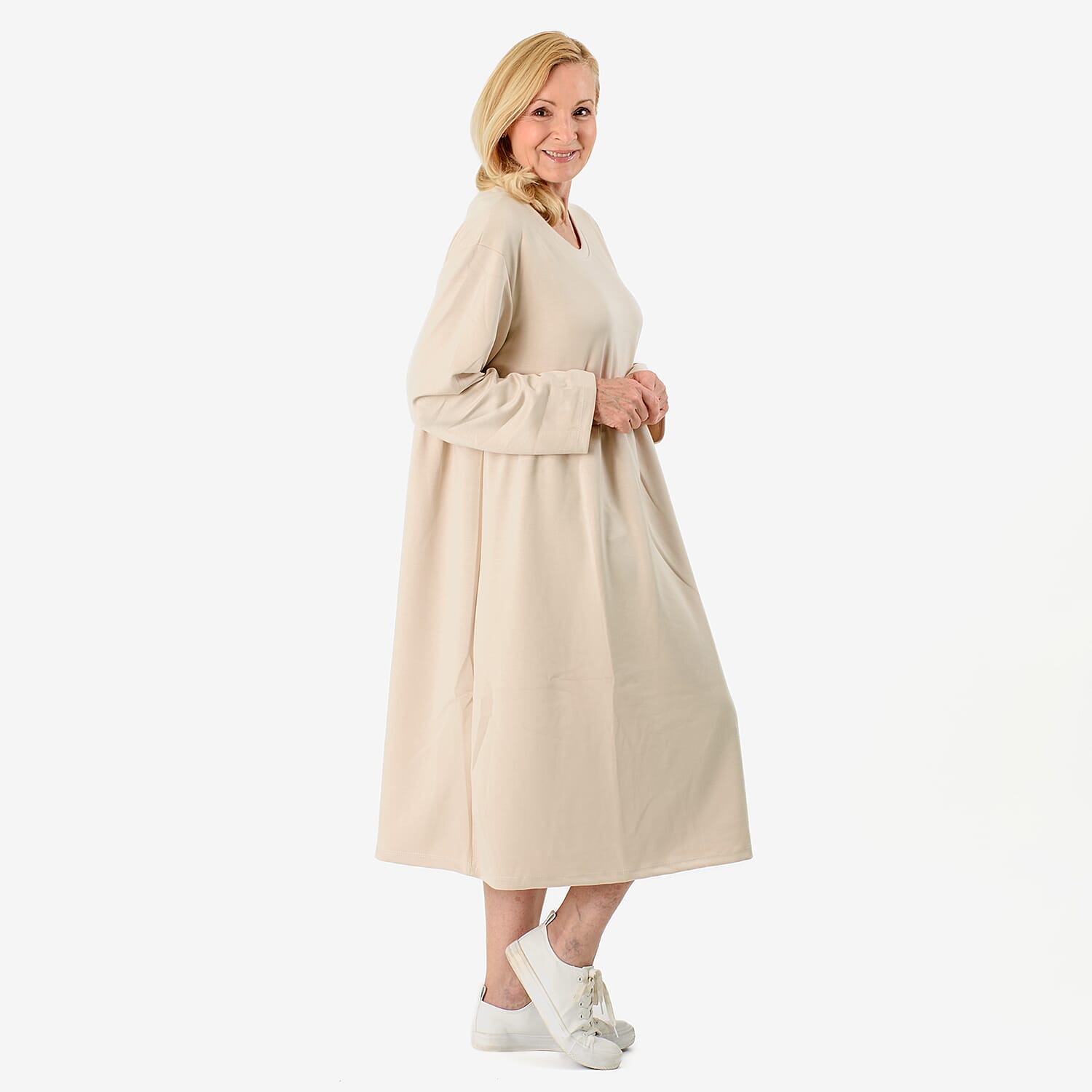 Casual Long Sleeve Sweat Smock Dress (Size - One Size 8-20) - Stone Casual Long Sleeve Sweat Smock Dress (Size - One Size 8-20) - Stone