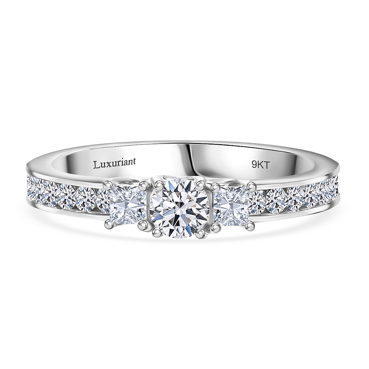 Luxuriant Diamond 9K White Gold SGL Certified (VS-G-H) Lab Grown Diamond Trilogy Ring in Princess Cu