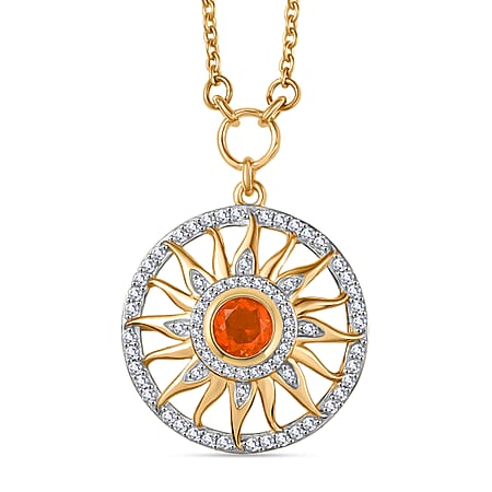 GP Celestial Dream Collection - Fire Opal, White Zircon Sun Necklace (Size 20) in 18K Vermeil Yellow Gold Plated Sterling Silver 1.09 Ct.