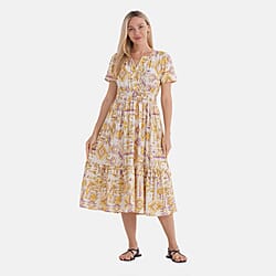 La Marey Womens Printed Midi Summer Dress (Size 12 to 14) - White &amp; Yellow