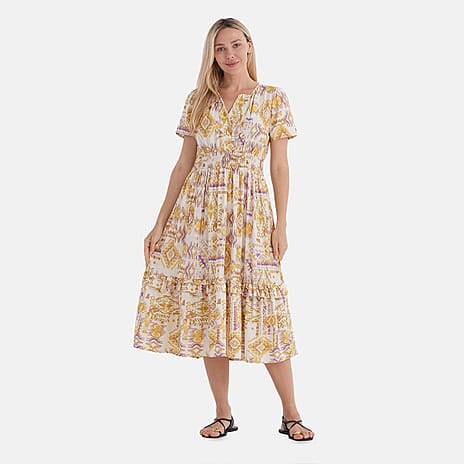 La Marey Womens Printed Midi Summer Dress (Size 12 to 14) - White & Yellow La Marey Womens Printed Midi Summer Dress (Size 12 to 14) - White & Yellow