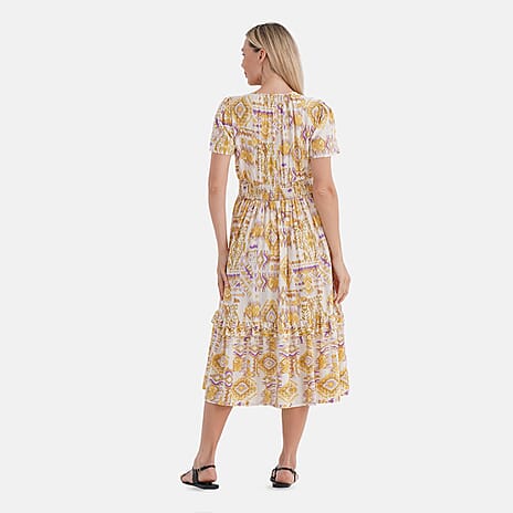 La Marey Womens Printed Midi Summer Dress (Size 12 to 14) - White & Yellow La Marey Womens Printed Midi Summer Dress (Size 12 to 14) - White & Yellow