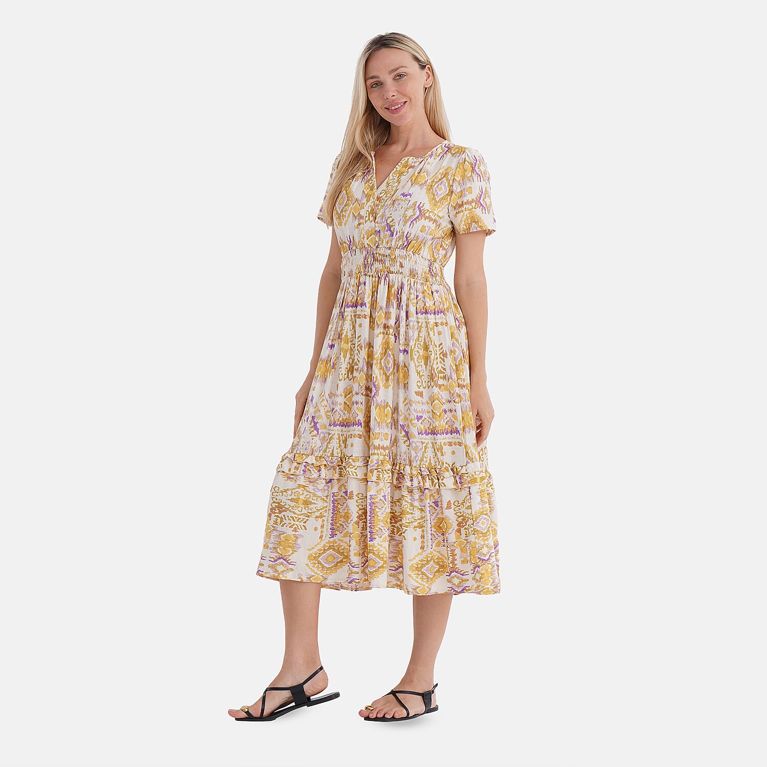 La Marey Womens Printed Midi Summer Dress (Size 12 to 14) - White &amp; Yellow