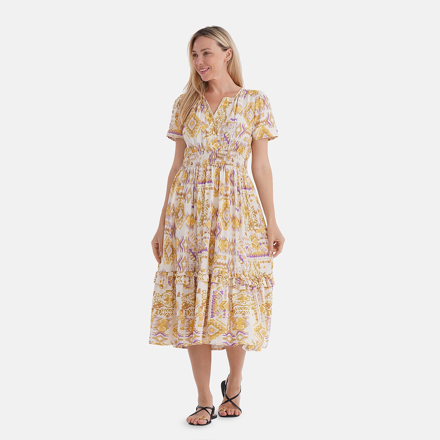 La Marey Womens Printed Midi Summer Dress (Size 12 to 14) - White &amp; Yellow