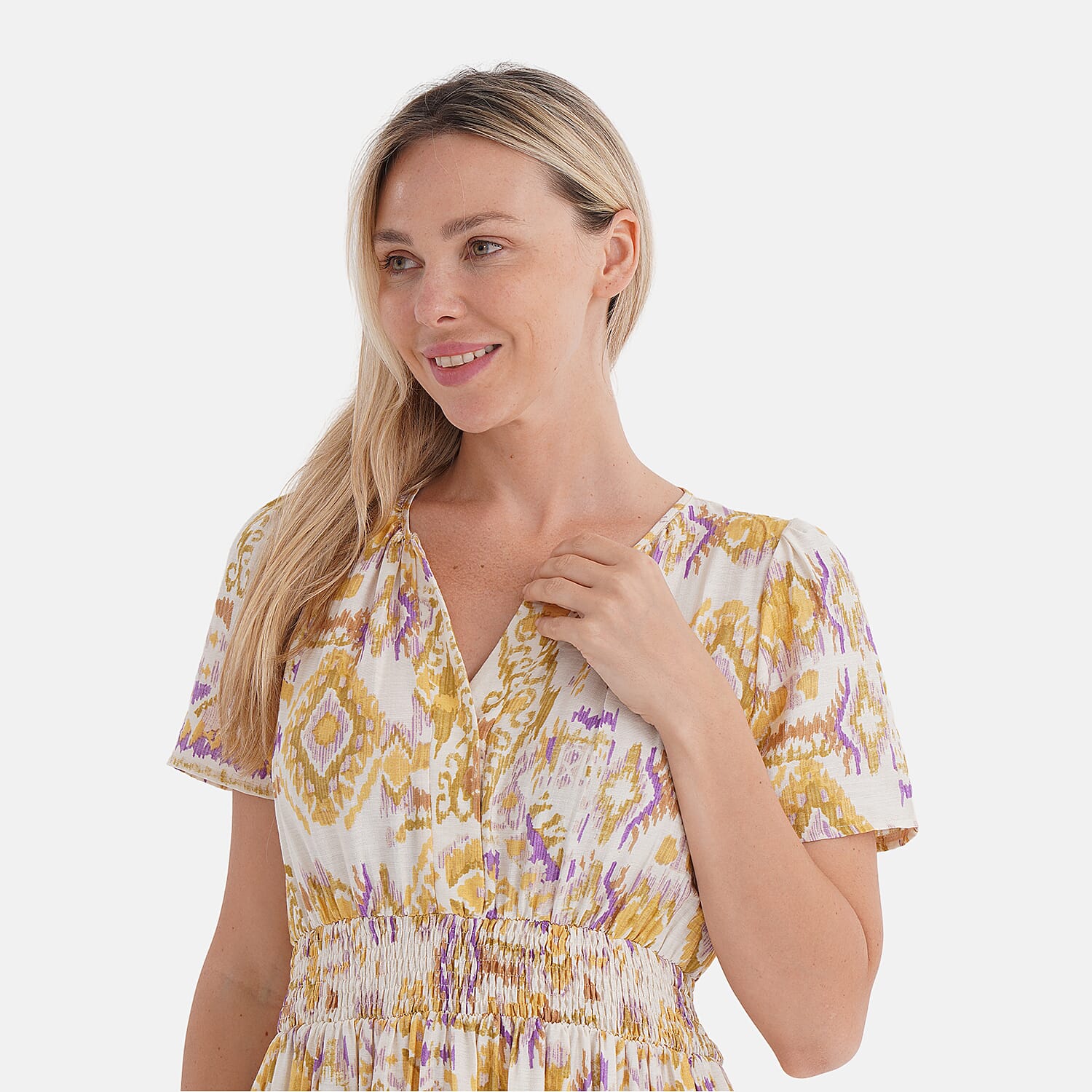 La Marey Womens Printed Midi Summer Dress (Size 12 to 14) - White &amp; Yellow