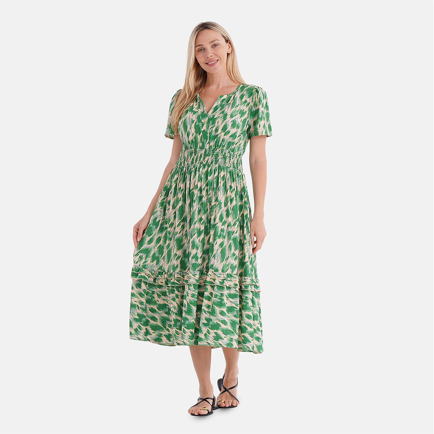 La Marey Womens Printed Midi Summer Dress (Size 12 to 14) - White &amp; Yellow