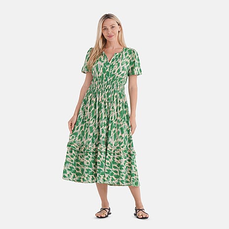 La Marey Womens Abstract Art Printe Midi Summer Dress (Size 12 to 14) - White & Green