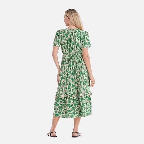 La Marey Womens Abstract Art Printe Midi Summer Dress (Size 12 to 14) - White & Green